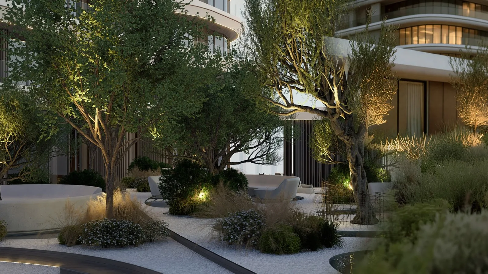 Flow 25 landscaped podium with native planting, shaded paths and outdoor seating