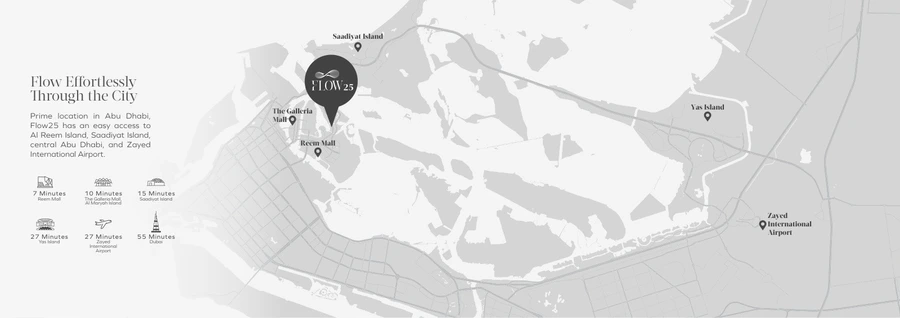 Flow 25 location map on Al Reem Island showing nearby Abu Dhabi destinations and travel times