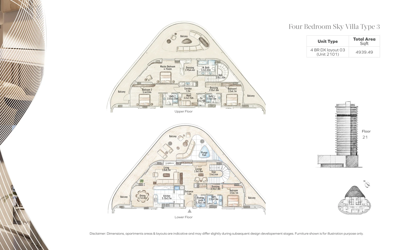 Flow 25 4 Bedroom Sky Villa Type 3, Lower and Upper Floors shown as floor plans in the Flow 25 tower, 4,939.49 sq ft