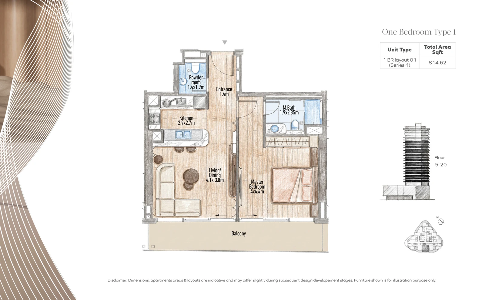 Flow 25 1-bedroom Type 1 apartment floor plan in the Flow 25 tower, 814.62 sq ft