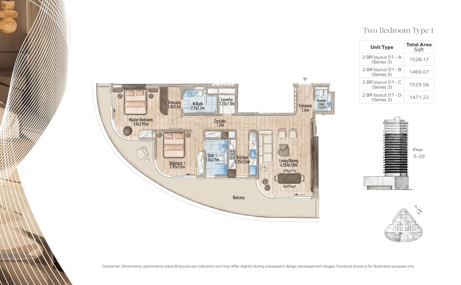 Flow 25 2-bedroom Type 1 apartment floor plan in the Flow 25 tower, 1,469.07-1,529.56 sq ft