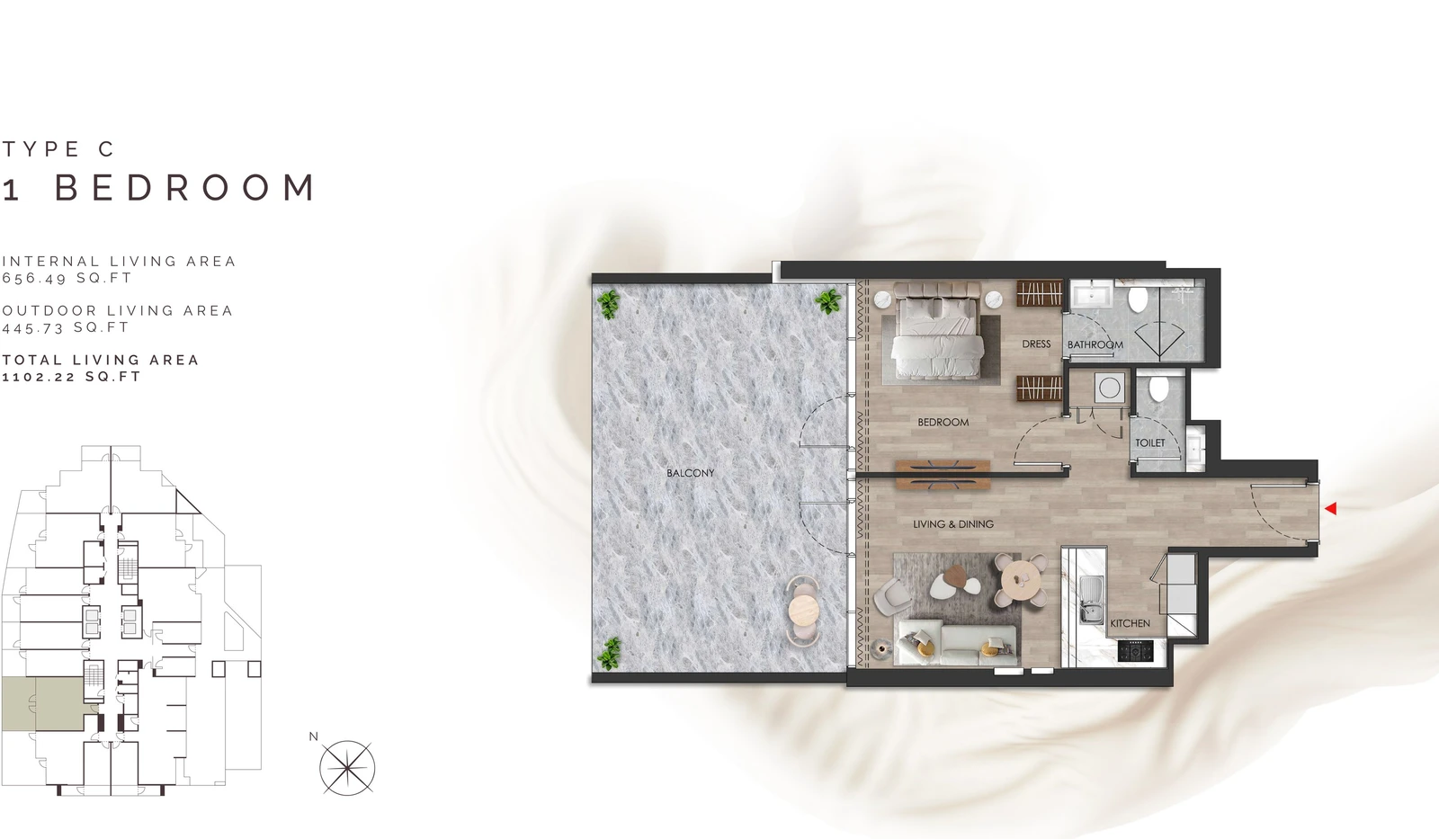 Island Heights 1 Bedroom Type C apartment floor plan in the Island Heights building, 1,102.22 sq ft