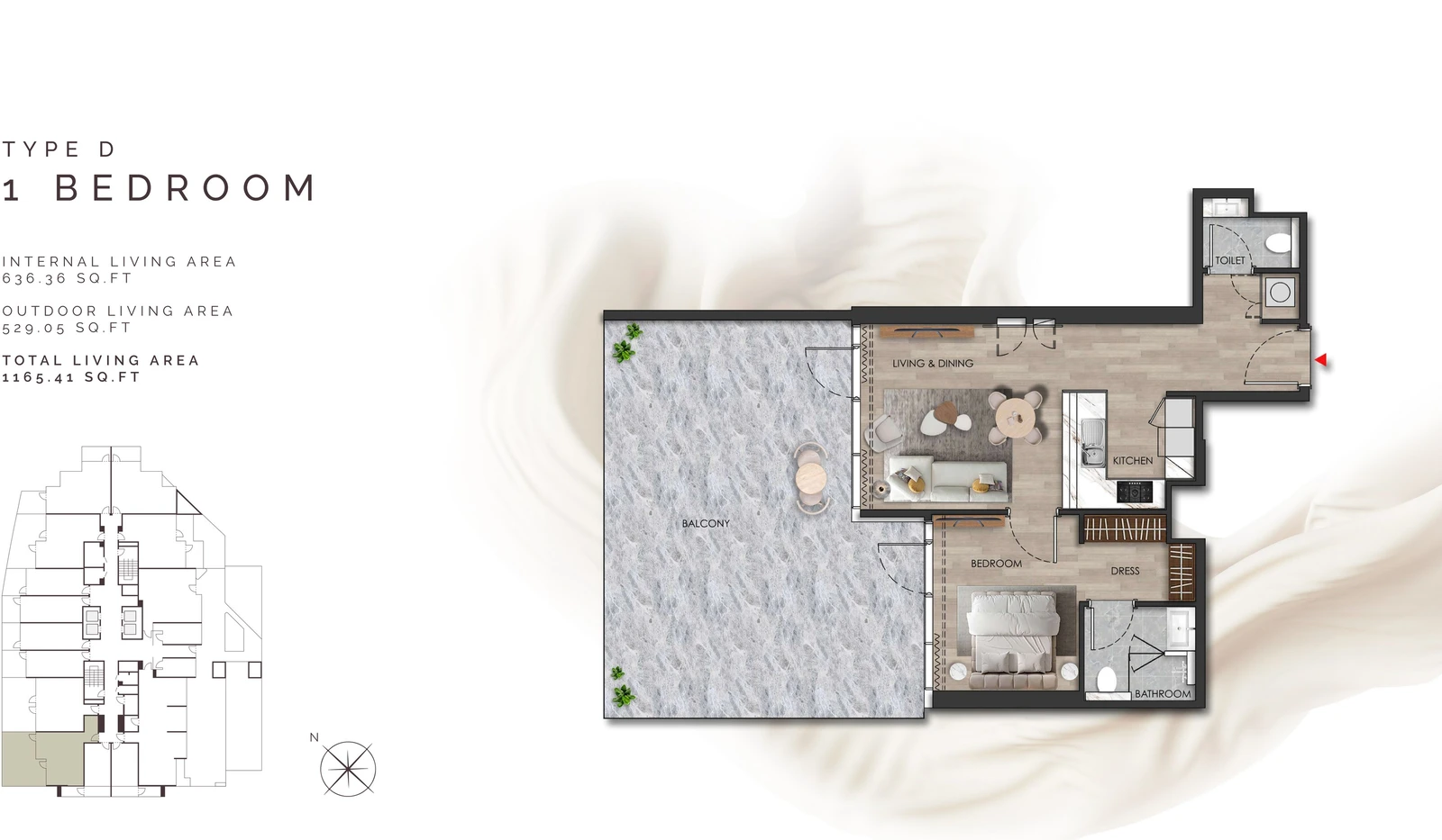 Island Heights 1 Bedroom Type D apartment floor plan in the Island Heights building, 1,165.41 sq ft