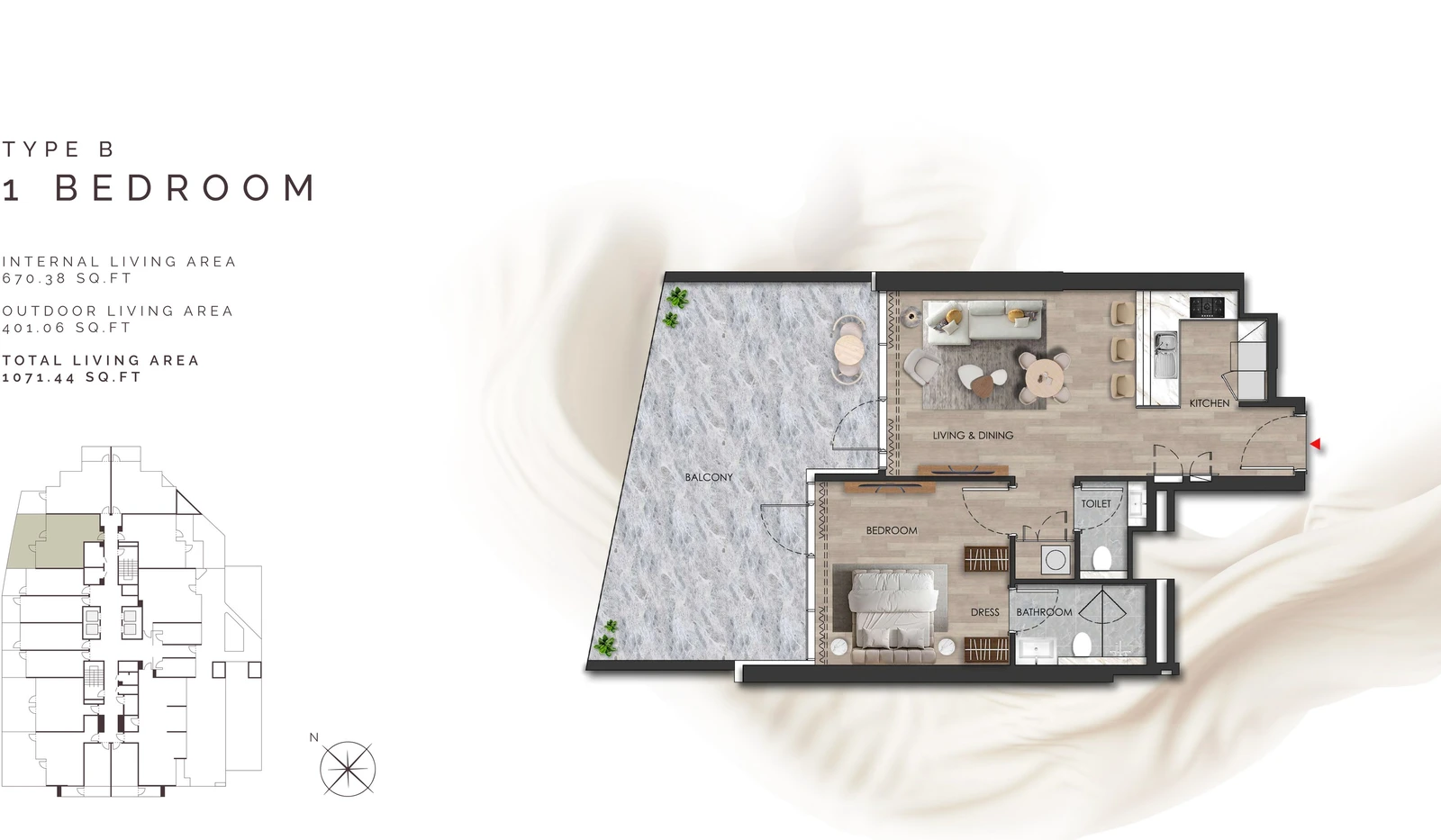 Island Heights 1 Bedroom Type B apartment floor plan in the Island Heights building, 1,071.44 sq ft