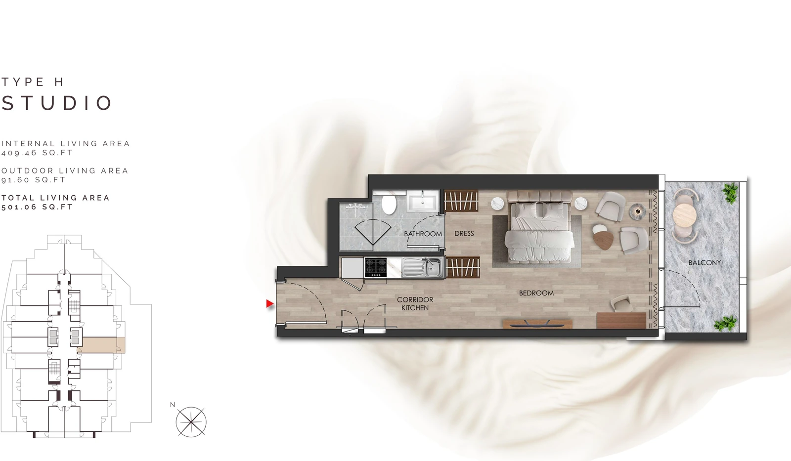Island Heights Studio Type H apartment floor plan in the Island Heights building, 501.06 sq ft