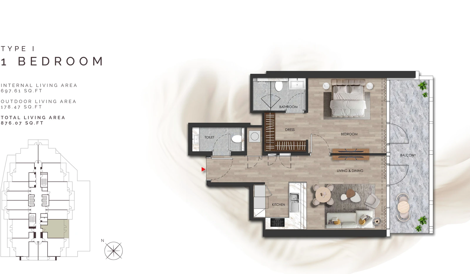 Island Heights 1 Bedroom Type I apartment floor plan in the Island Heights building, 876.07 sq ft