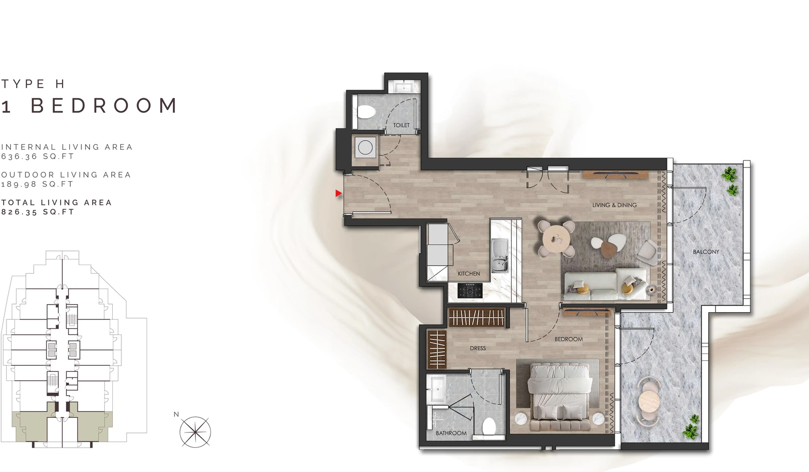 Island Heights 1 Bedroom Type H apartment floor plan in the Island Heights building, 826.35 sq ft