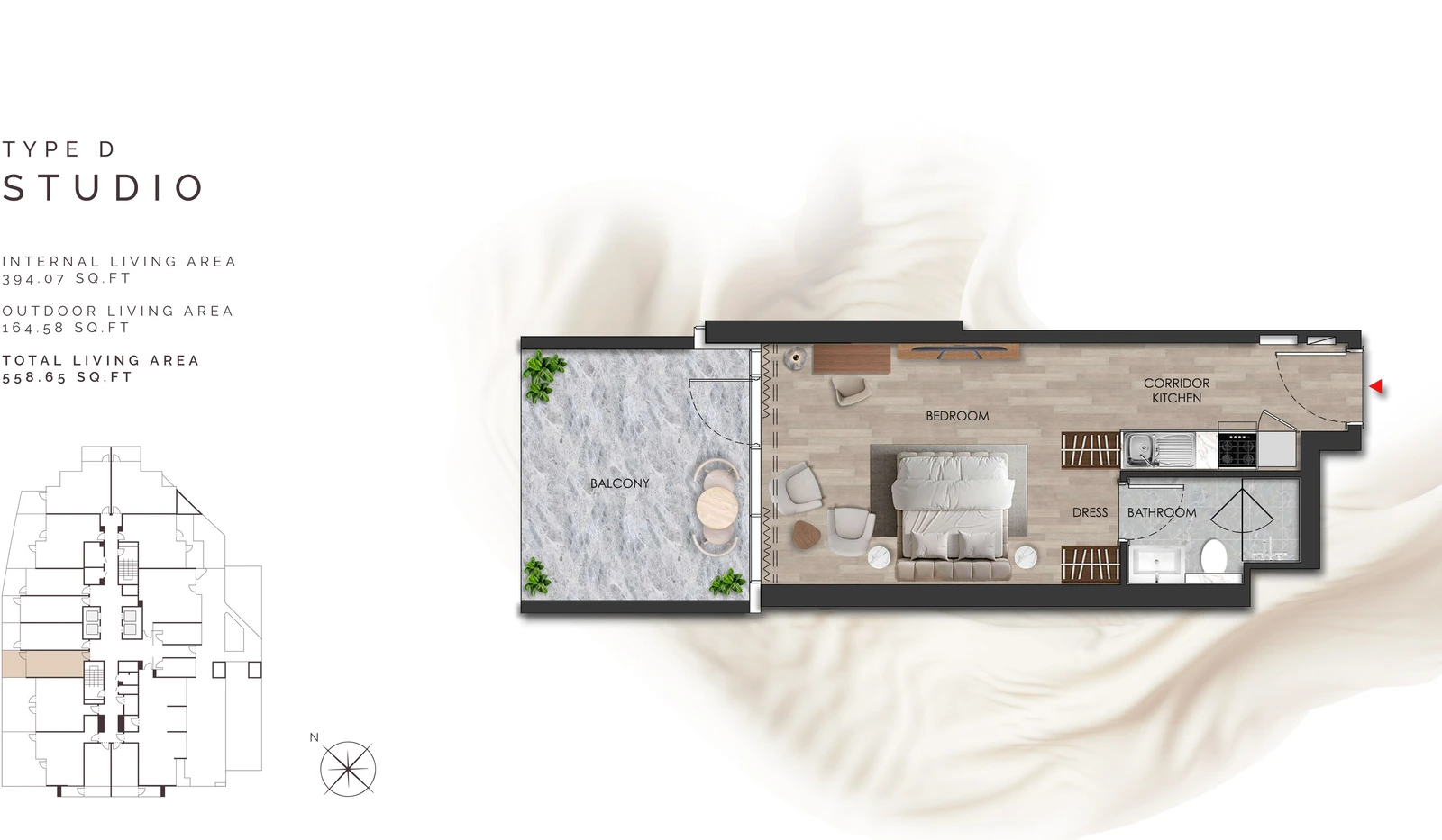 Island Heights Studio Type D apartment floor plan in the Island Heights building, 558.65 sq ft