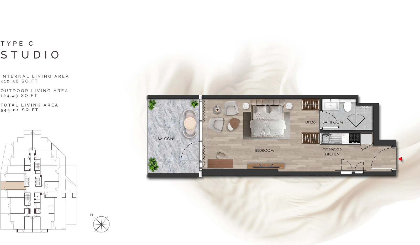 Island Heights Studio Type C apartment floor plan in the Island Heights building, 544.01 sq ft