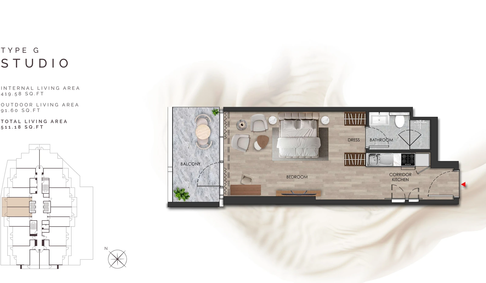 Island Heights Studio Type G apartment floor plan in the Island Heights building, 511.18 sq ft