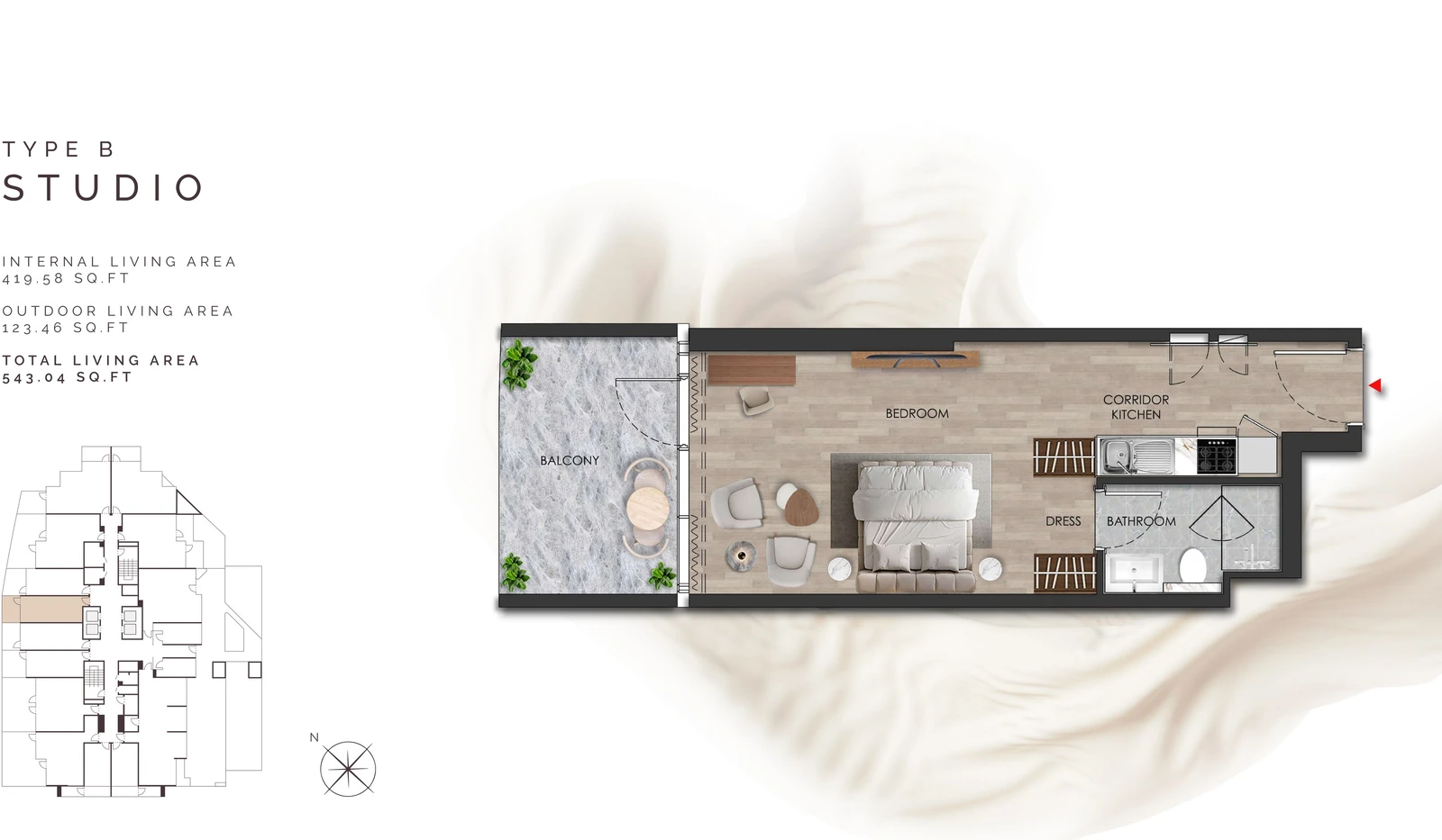 Island Heights Studio Type B apartment floor plan in the Island Heights building, 543.04 sq ft