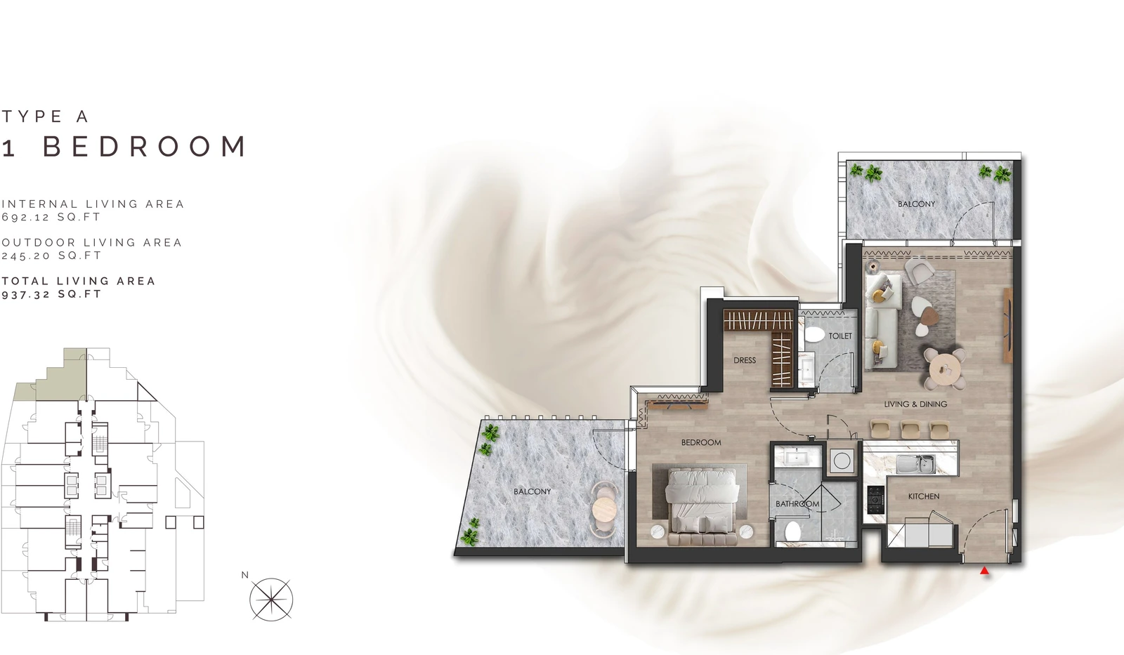 Island Heights 1 Bedroom Type A apartment floor plan in the Island Heights building, 937.32 sq ft