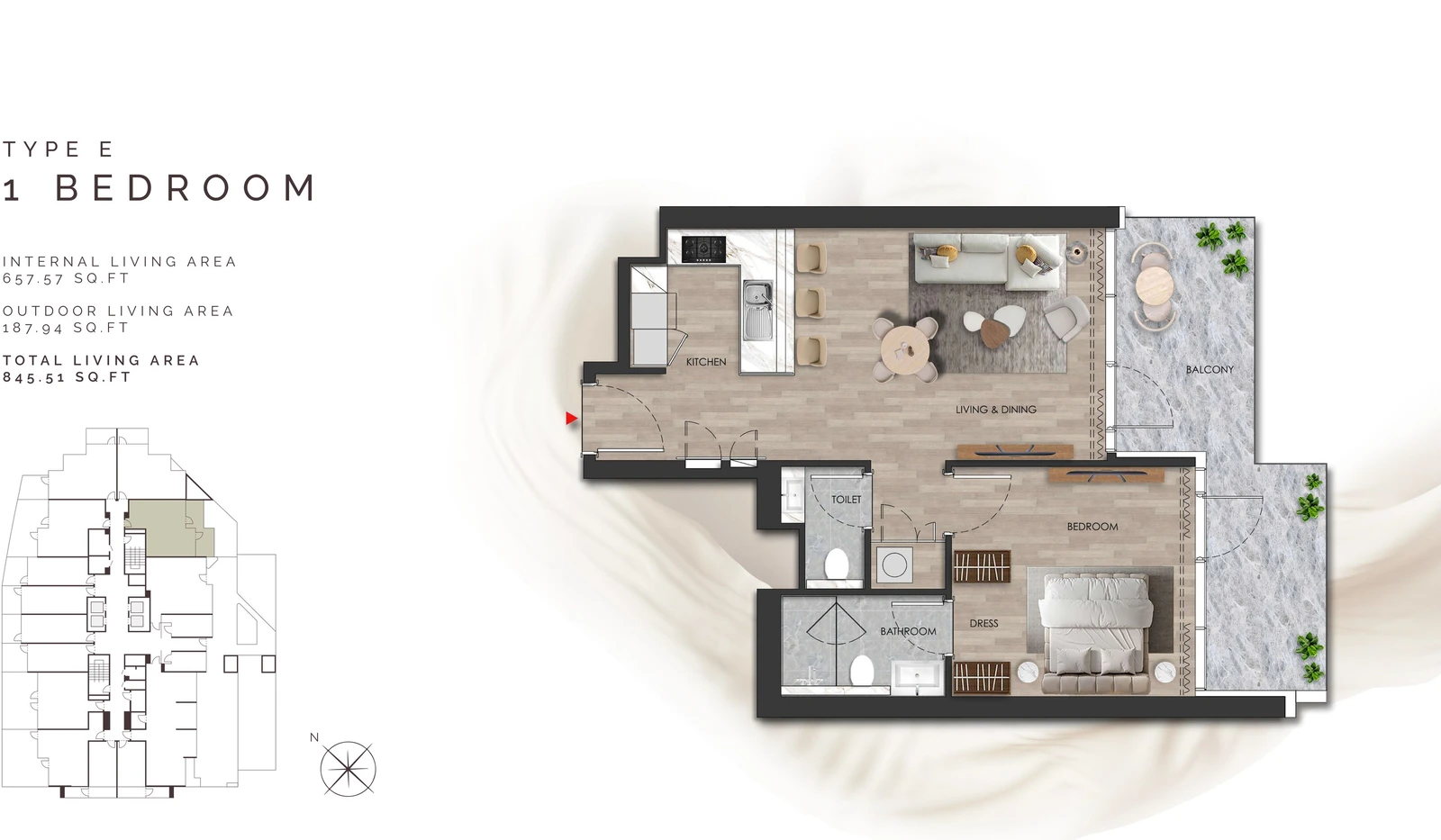 Island Heights 1 Bedroom Type E apartment floor plan in the Island Heights building, 845.51 sq ft