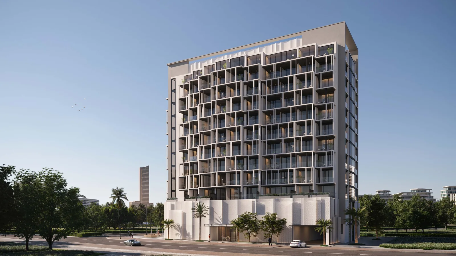 Island Heights street-level exterior with its geometric facade and landscaped arrival