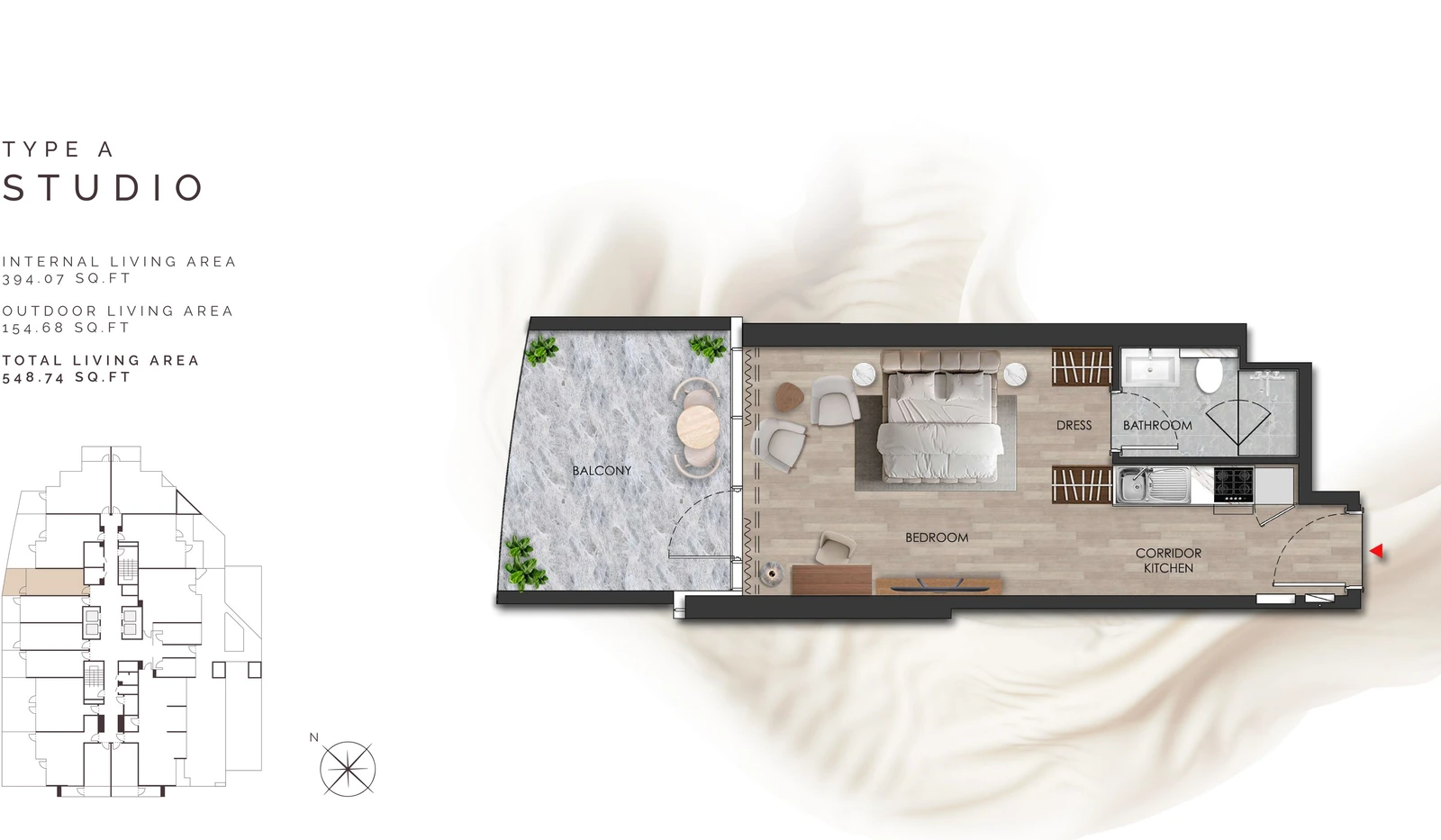 Island Heights Studio Type A apartment floor plan in the Island Heights building, 548.74 sq ft