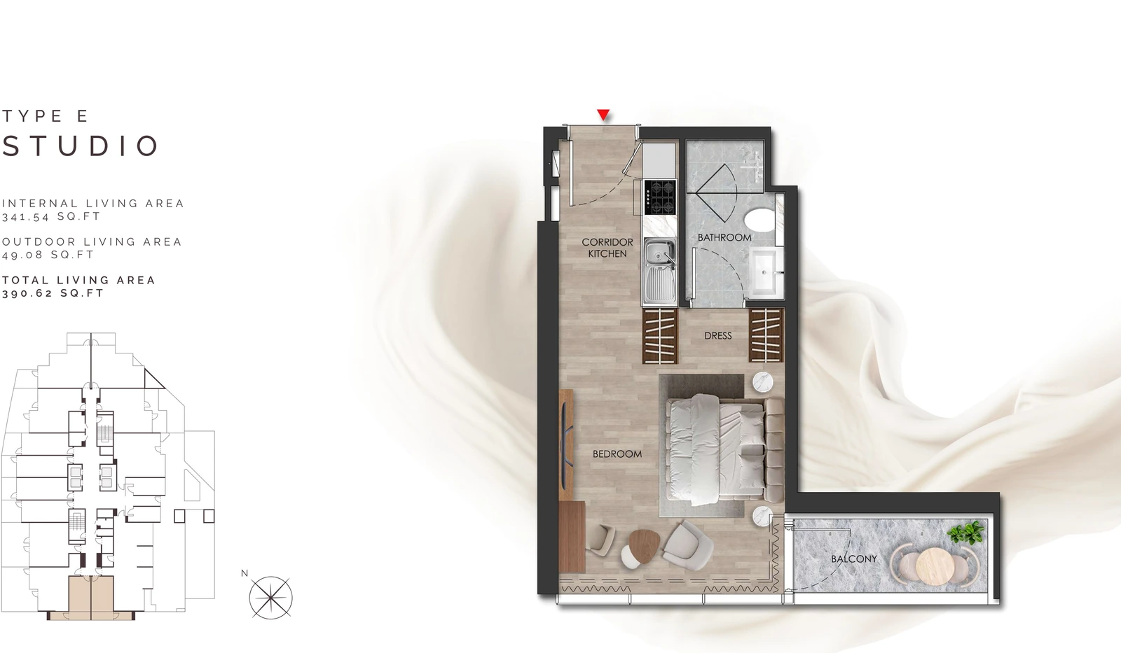 Island Heights Studio Type E apartment floor plan in the Island Heights building, 390.62 sq ft