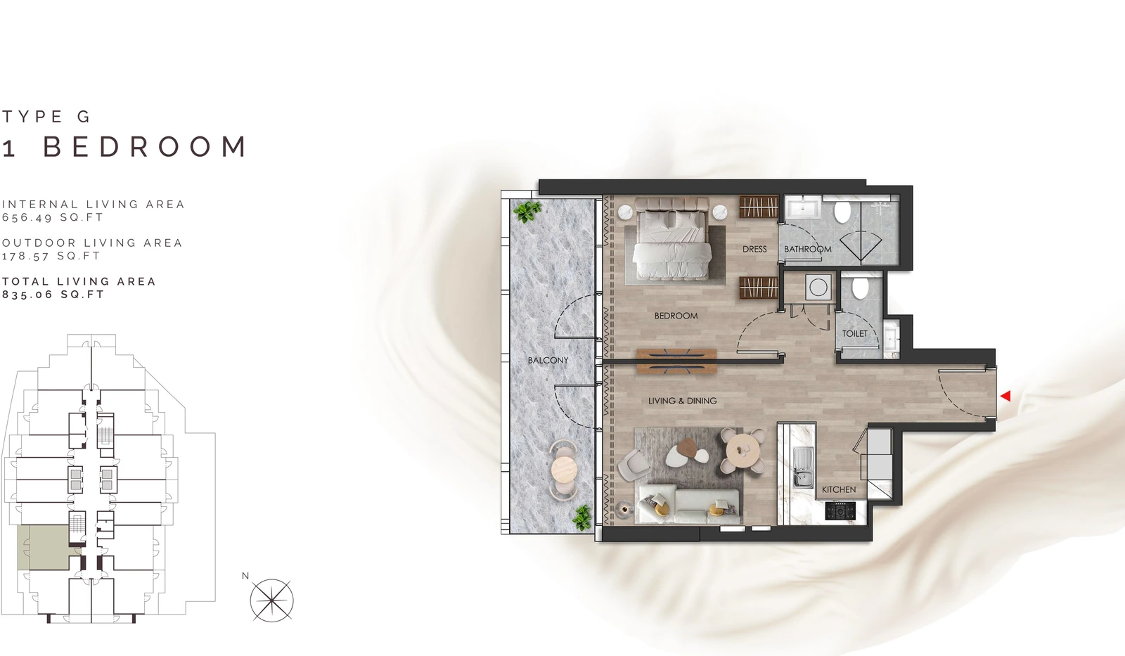 Island Heights 1 Bedroom Type G apartment floor plan in the Island Heights building, 835.06 sq ft