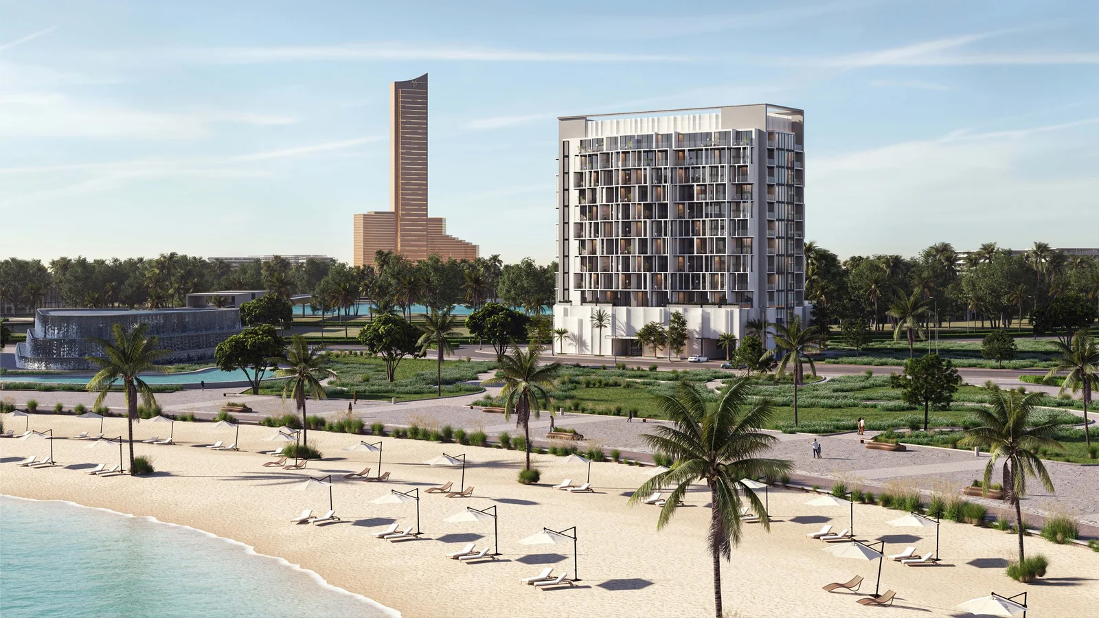 Island Heights viewed across the Al Marjan Island beach and landscaped waterfront
