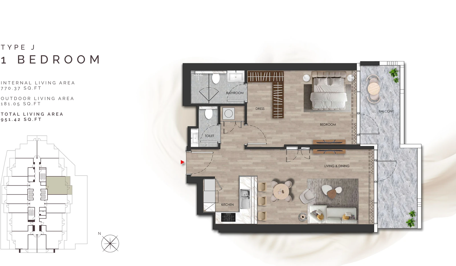 Island Heights 1 Bedroom Type J apartment floor plan in the Island Heights building, 951.42 sq ft