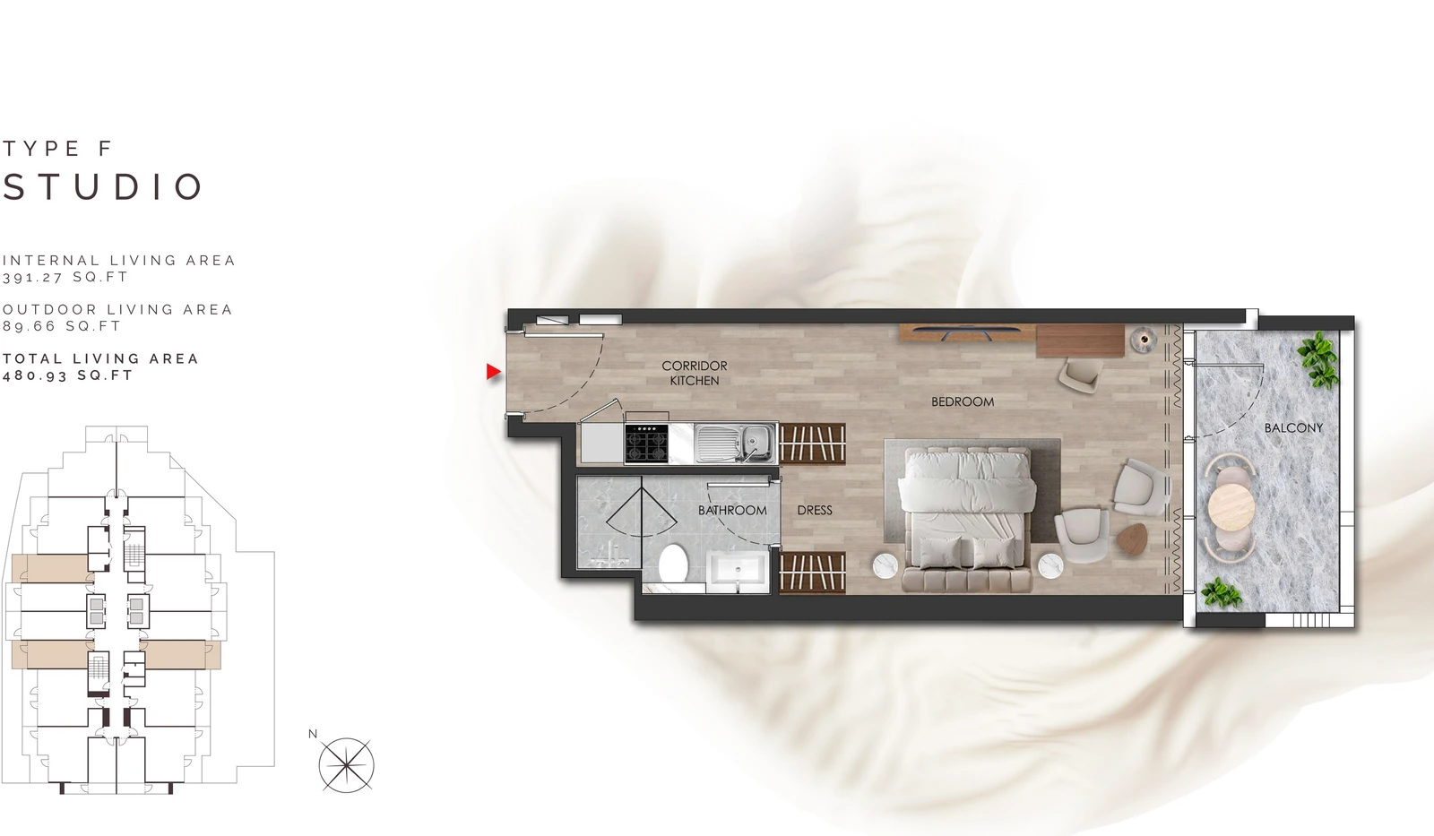 Island Heights Studio Type F apartment floor plan in the Island Heights building, 480.93 sq ft