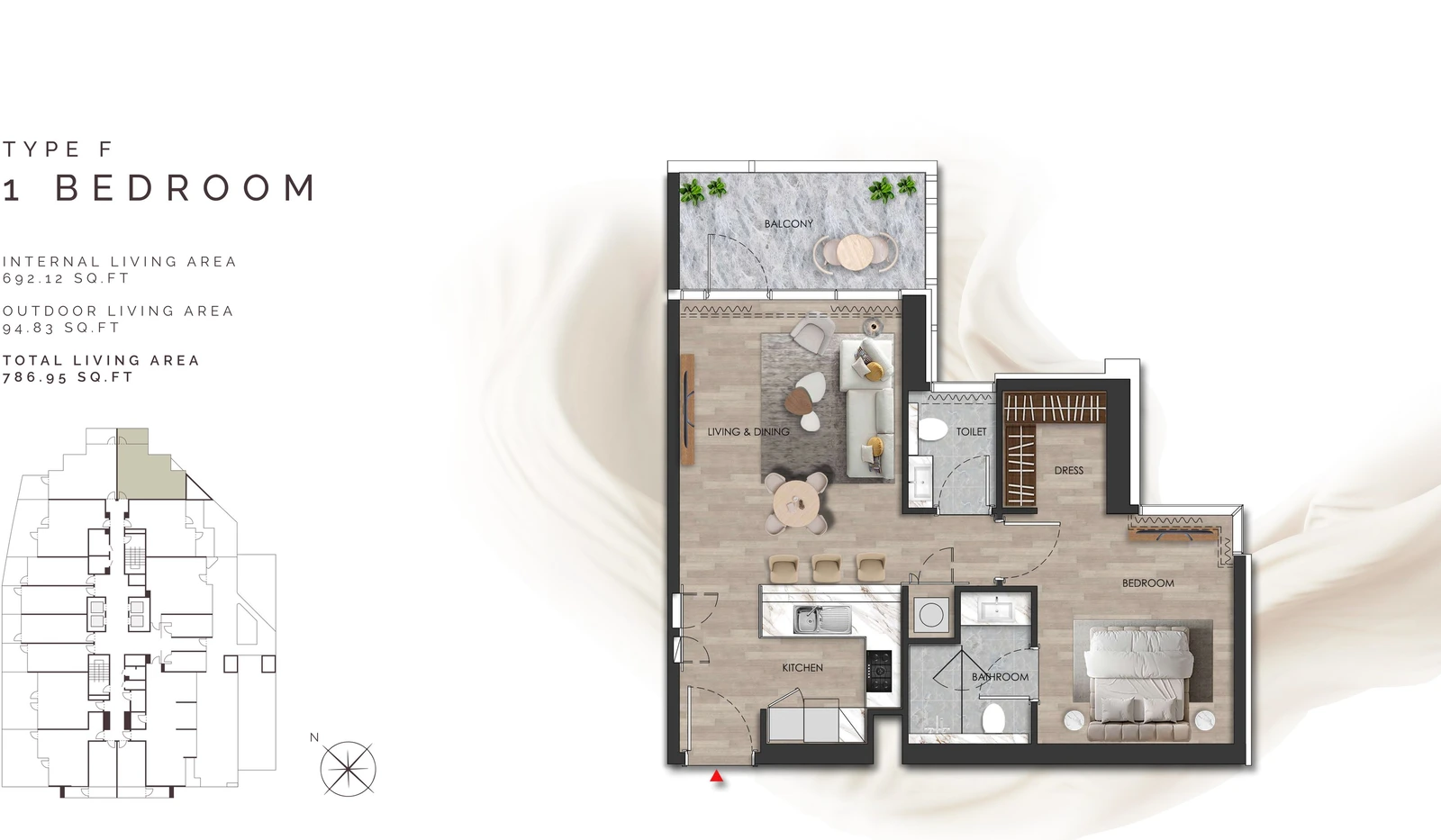 Island Heights 1 Bedroom Type F apartment floor plan in the Island Heights building, 786.95 sq ft