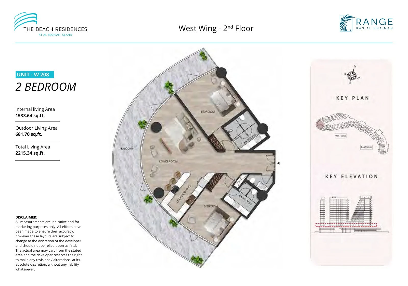 The Beach Residences 2-bedroom apartment floor plan for West Wing W208, Floor 2, 2,215.34 sq ft