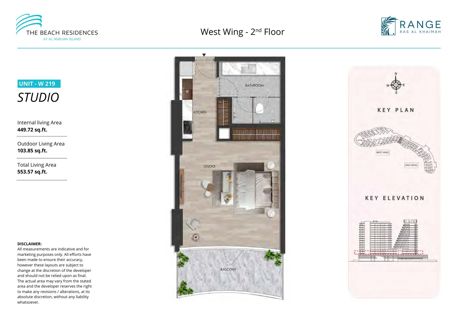 The Beach Residences studio apartment floor plan for West Wing W219, Floor 2, 553.57 sq ft