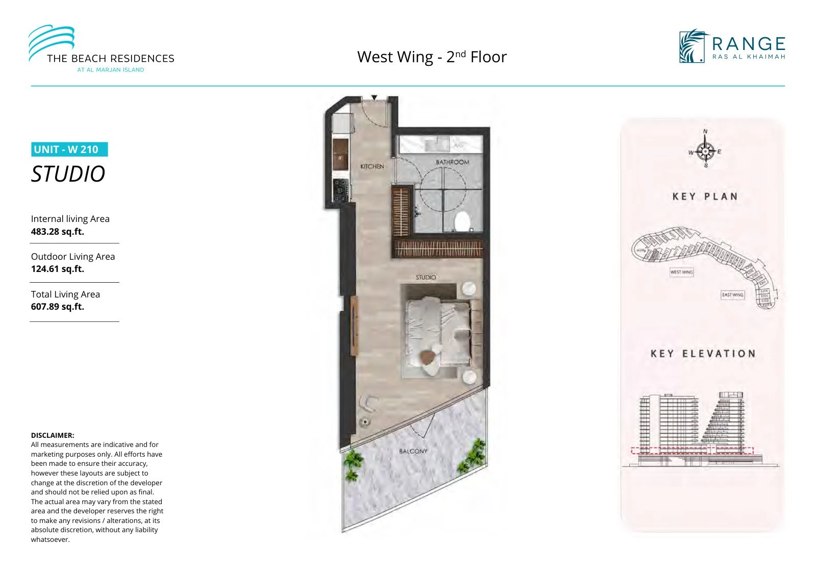 The Beach Residences studio apartment floor plan for West Wing W210, Floor 2, 607.89 sq ft