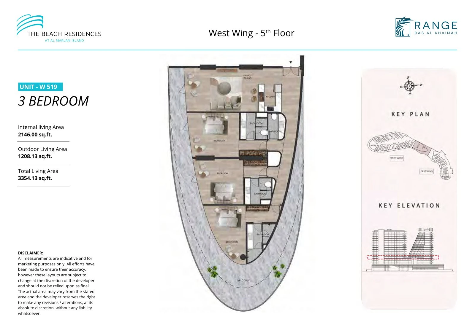 The Beach Residences 3-bedroom apartment floor plan for West Wing W519, Floor 5, 3,354.13 sq ft