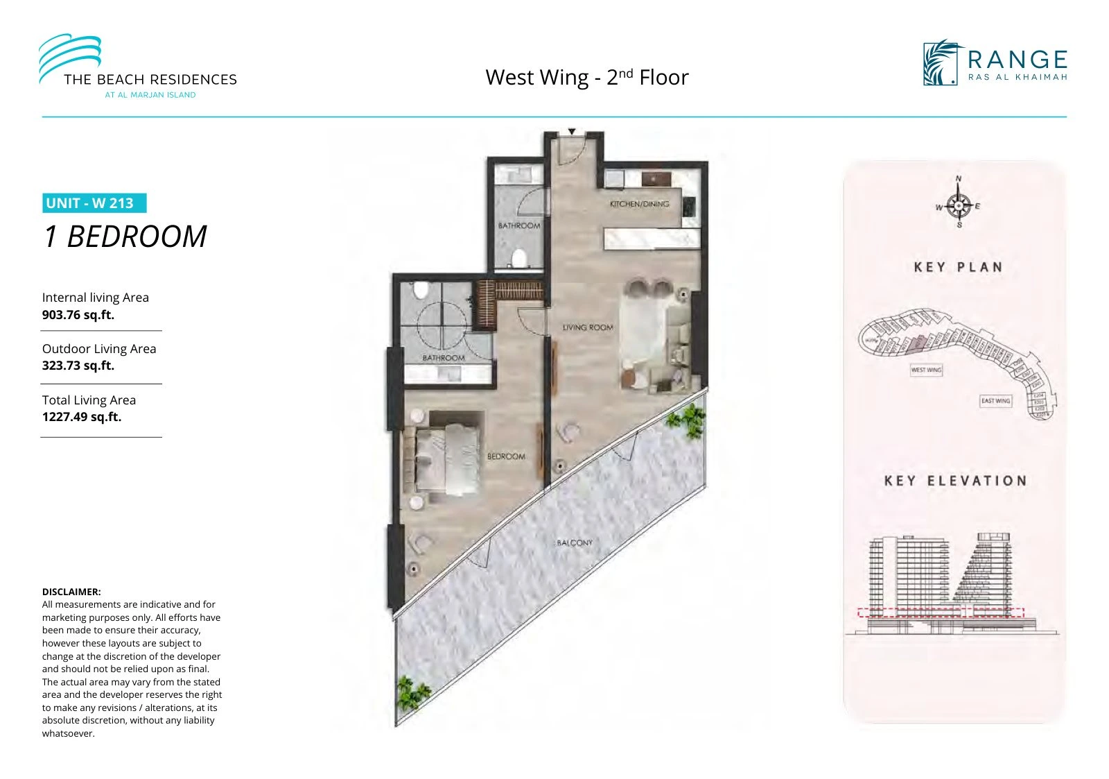 The Beach Residences 1-bedroom apartment floor plan for West Wing W213, Floor 2, 1,227.49 sq ft