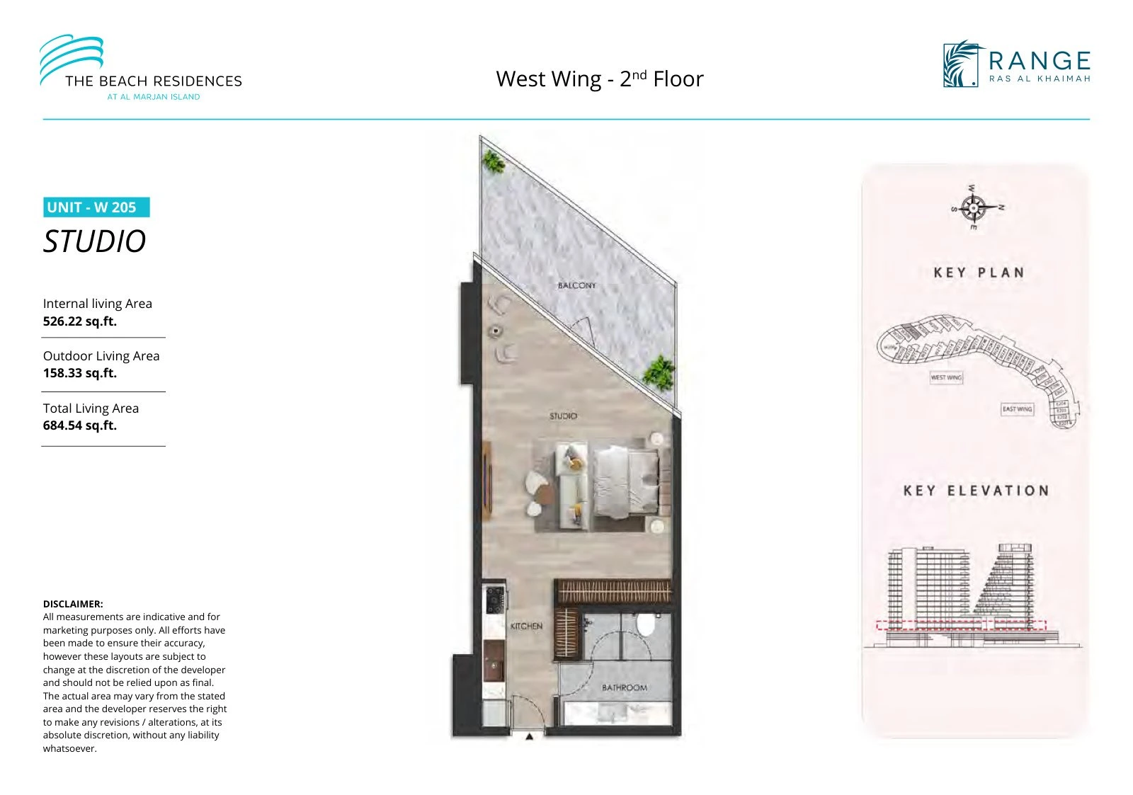 The Beach Residences studio apartment floor plan for West Wing W205, Floor 2, 684.54 sq ft