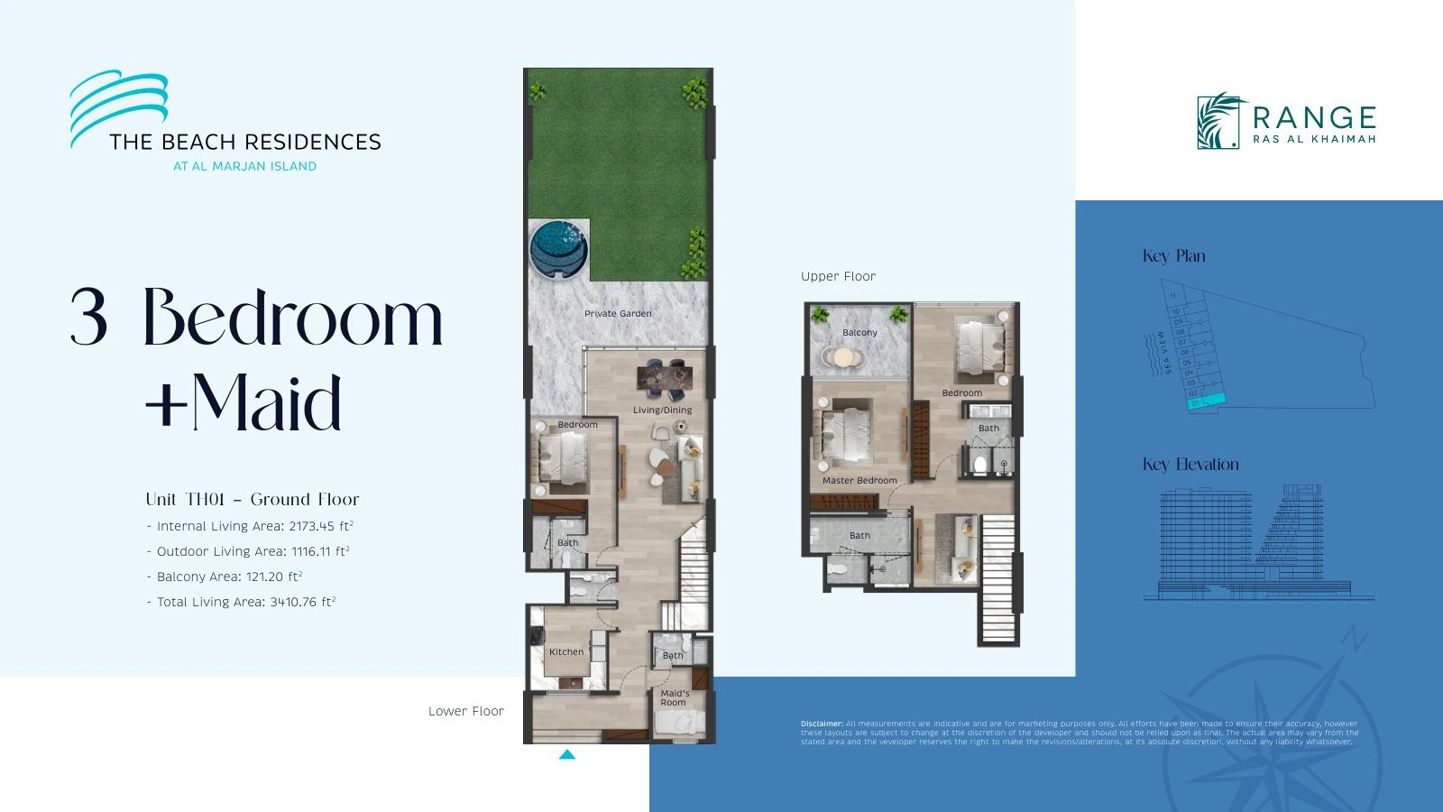 The Beach Residences 3-bedroom plus maid's room townhouse TH01 floor plan, 3,410.76 sq ft