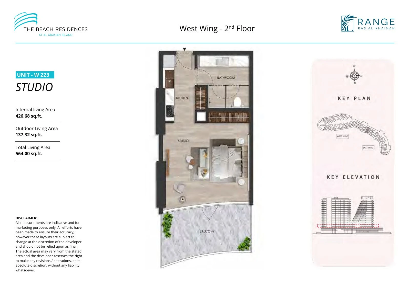 The Beach Residences studio apartment floor plan for West Wing W223, Floor 2, 564.00 sq ft