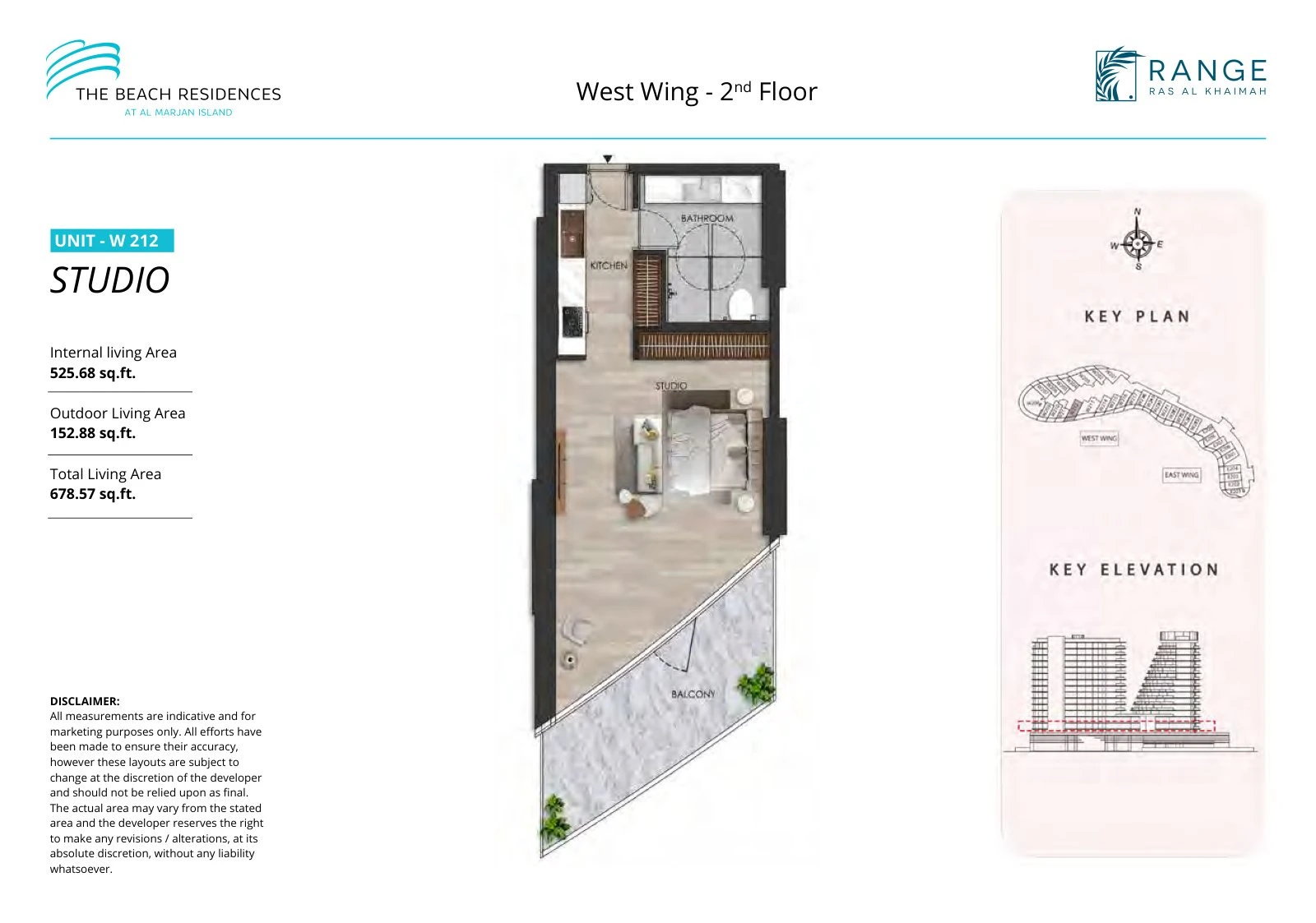 The Beach Residences studio apartment floor plan for West Wing W212, Floor 2, 678.57 sq ft
