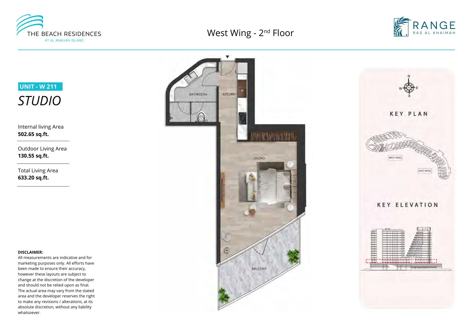 The Beach Residences studio apartment floor plan for West Wing W211, Floor 2, 633.20 sq ft