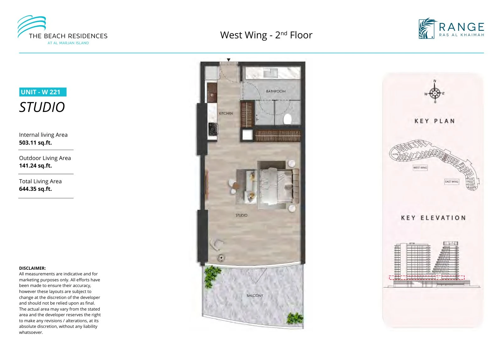 The Beach Residences studio apartment floor plan for West Wing W221, Floor 2, 644.35 sq ft