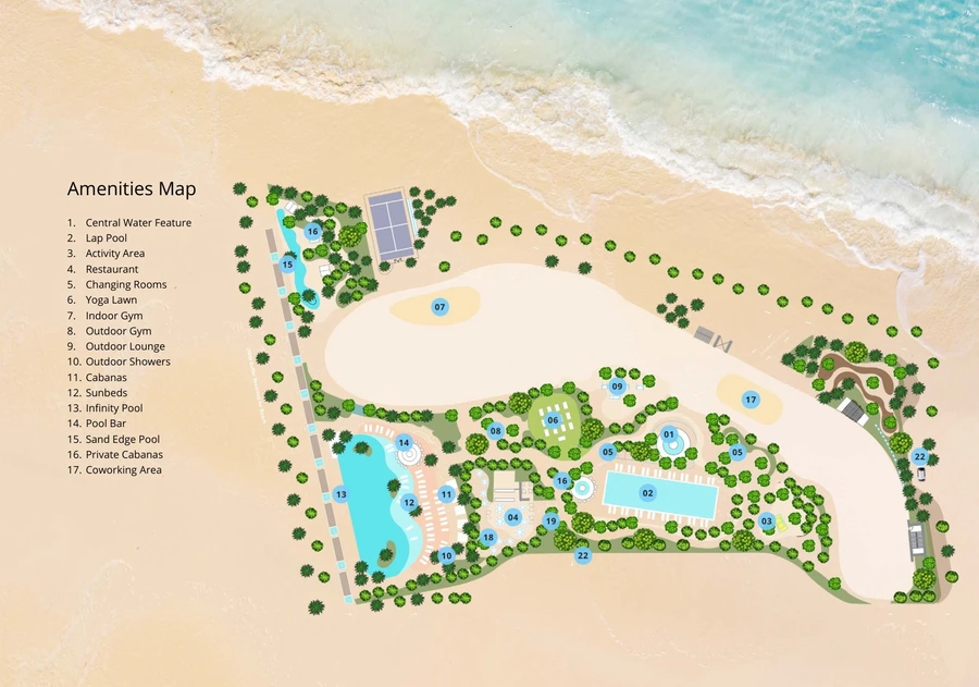 The Beach Residences amenities master plan with pools, fitness, dining and resident facilities