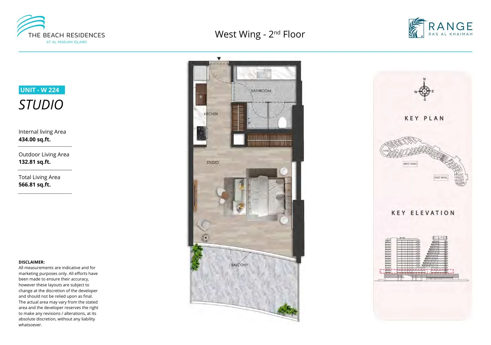 The Beach Residences studio apartment floor plan for West Wing W224, Floor 2, 566.81 sq ft