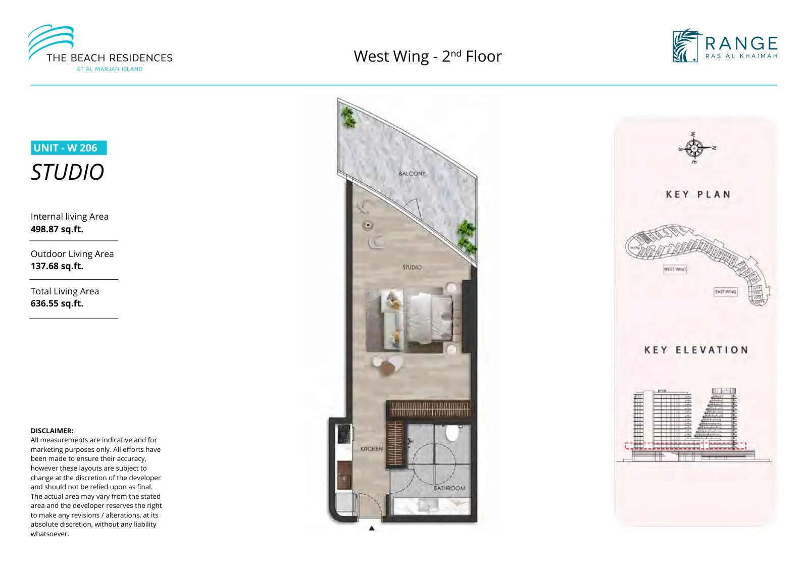 The Beach Residences studio apartment floor plan for West Wing W206, Floor 2, 636.55 sq ft