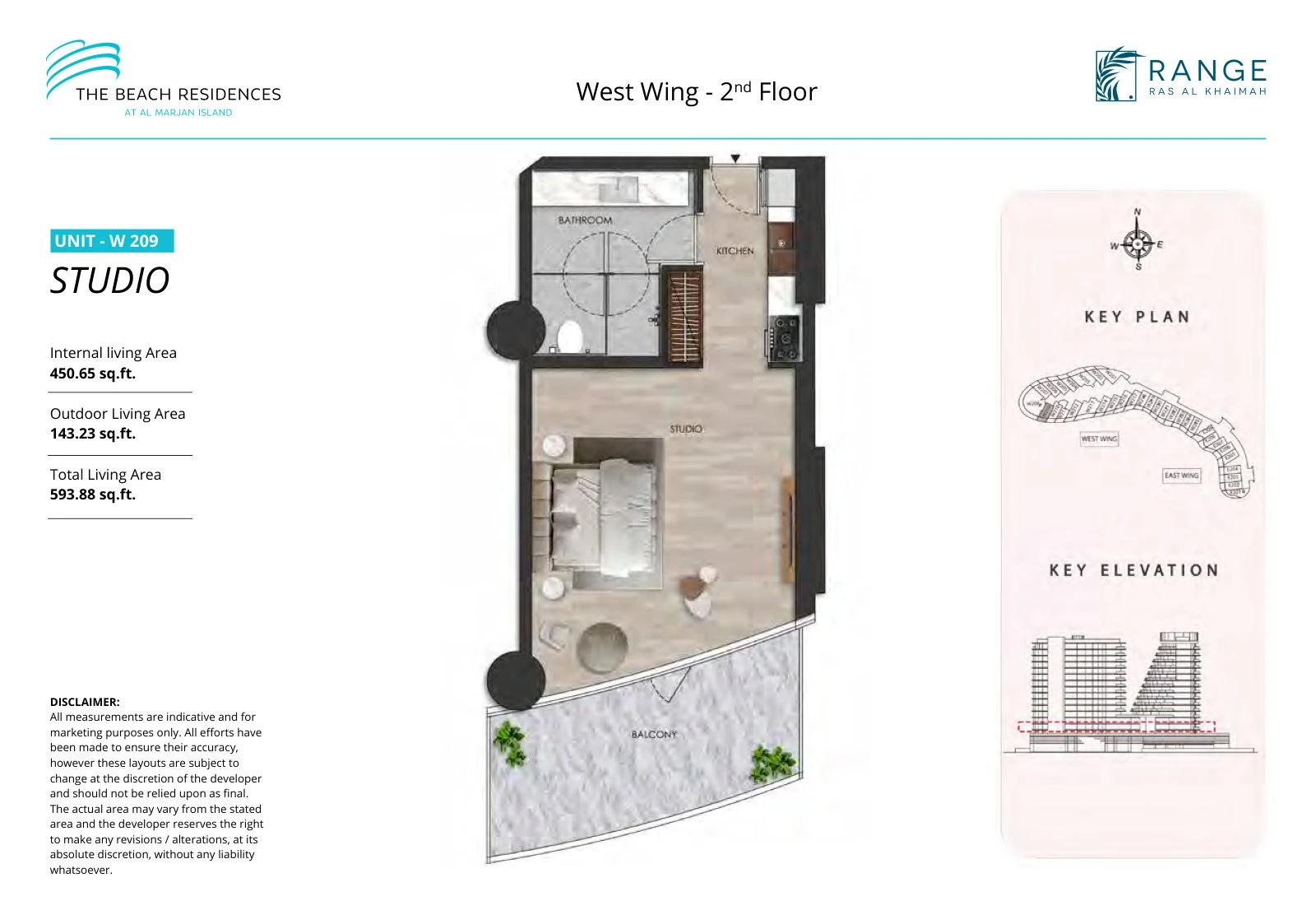 The Beach Residences studio apartment floor plan for West Wing W209, Floor 2, 593.88 sq ft