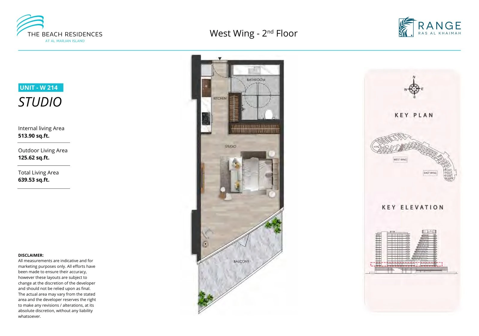 The Beach Residences studio apartment floor plan for West Wing W214, Floor 2, 639.53 sq ft