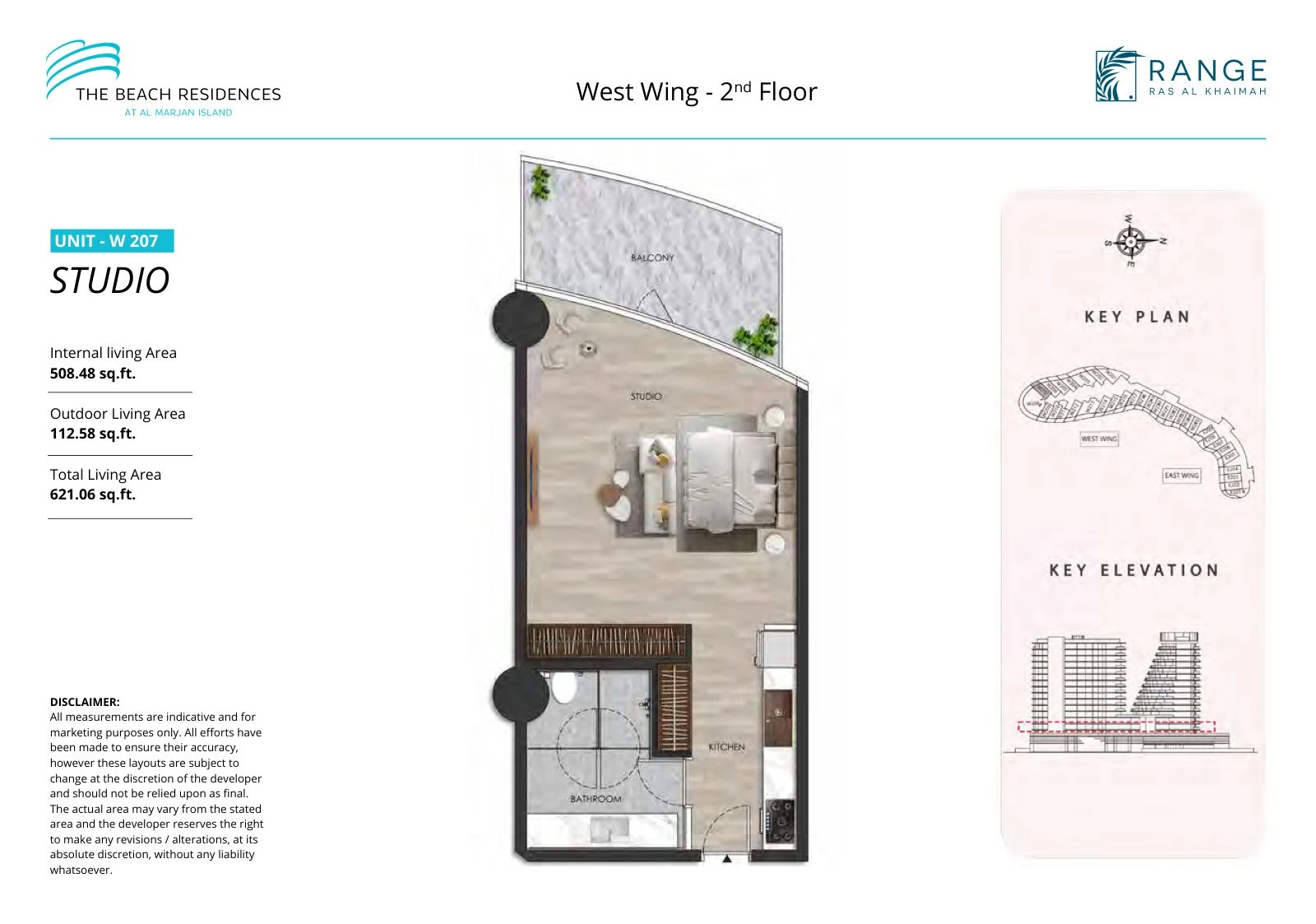 The Beach Residences studio apartment floor plan for West Wing W207, Floor 2, 621.06 sq ft