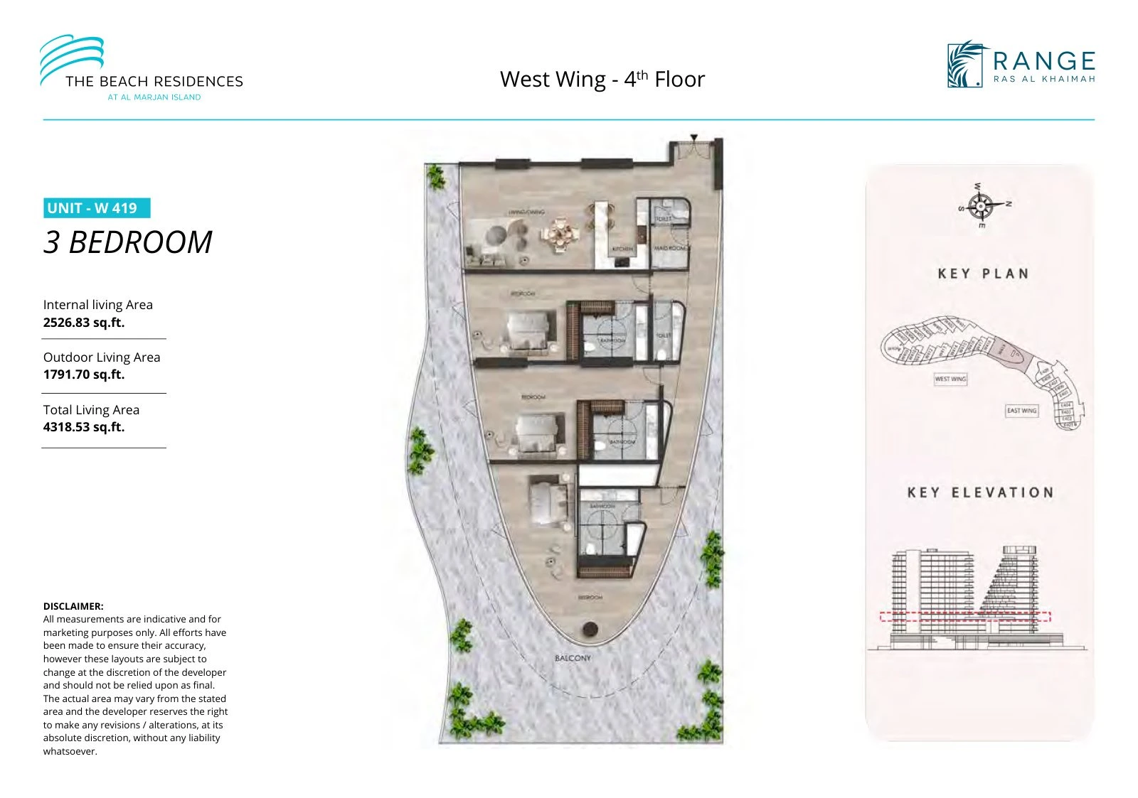 The Beach Residences 3-bedroom apartment floor plan for West Wing W419, Floor 4, 4,318.53 sq ft