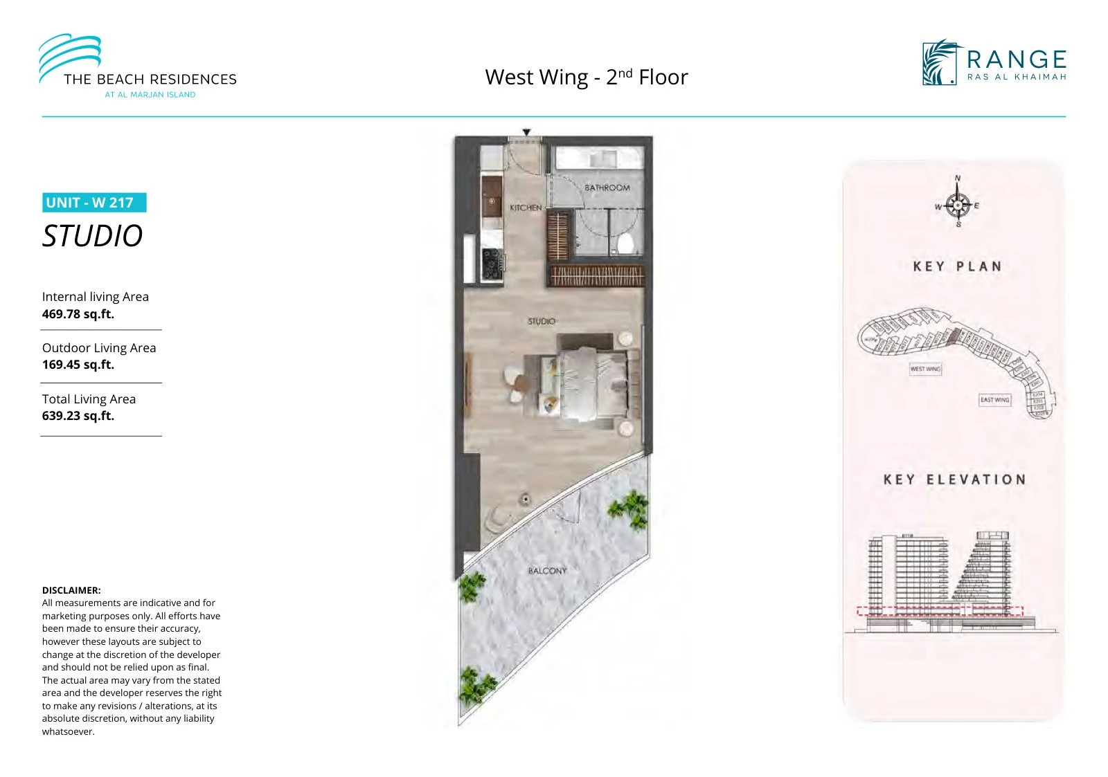 The Beach Residences studio apartment floor plan for West Wing W217, Floor 2, 639.23 sq ft