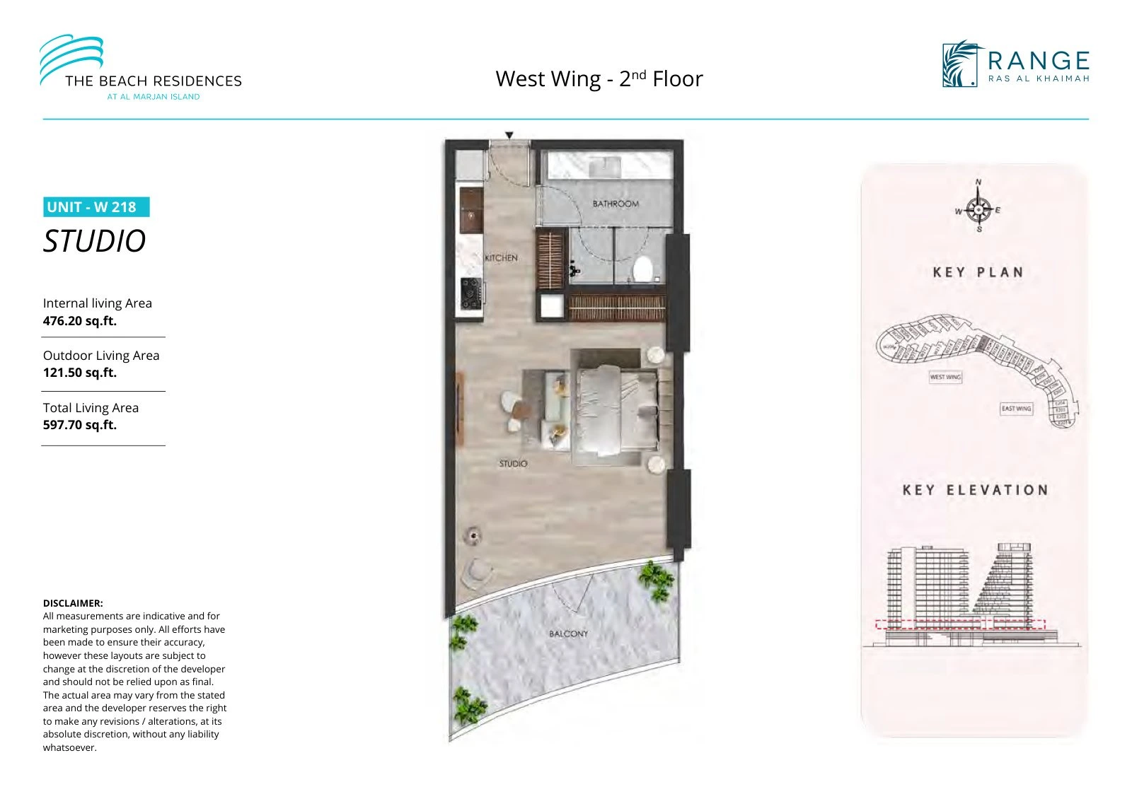 The Beach Residences studio apartment floor plan for West Wing W218, Floor 2, 597.70 sq ft
