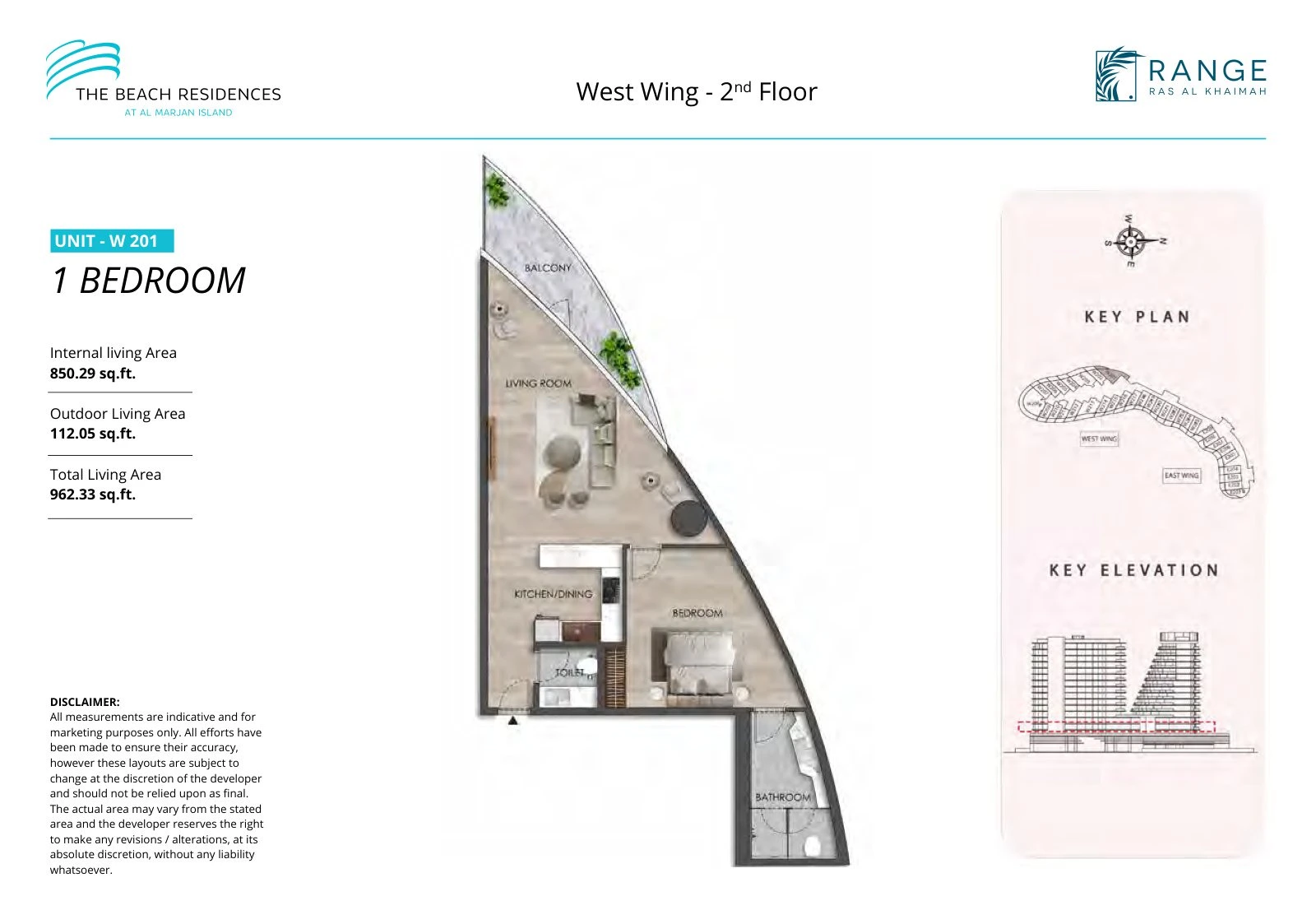 The Beach Residences 1-bedroom apartment floor plan for West Wing W201, Floor 2, 962.33 sq ft