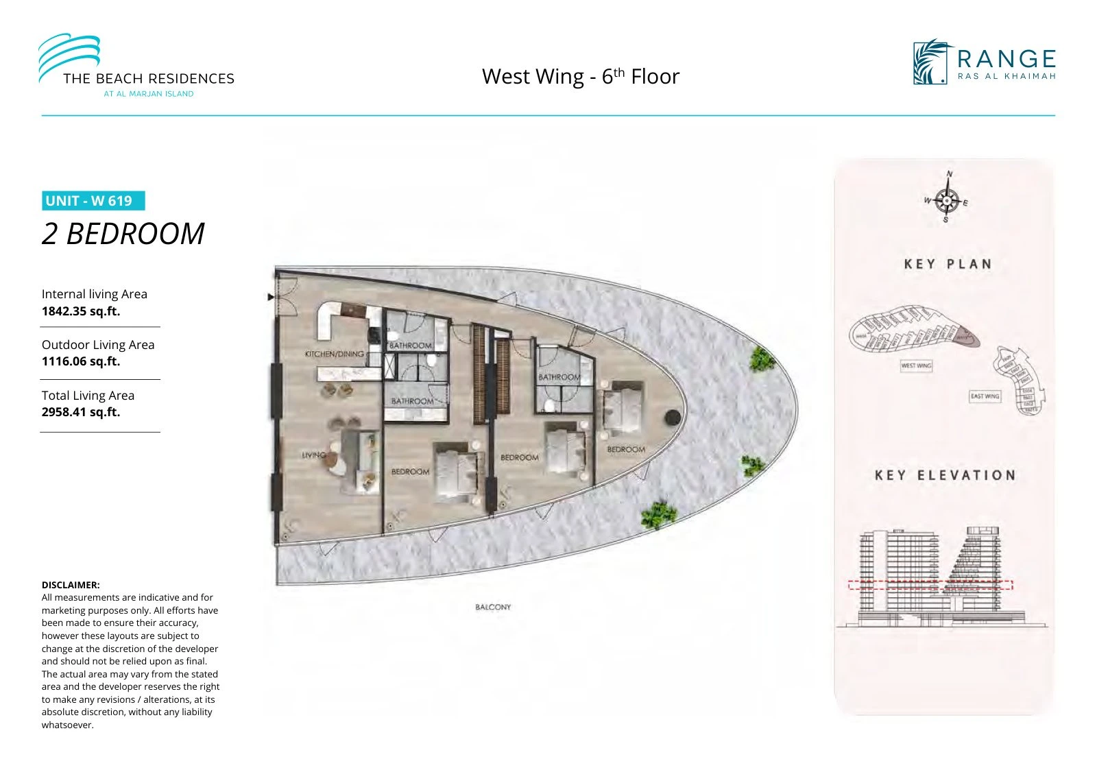 The Beach Residences 2-bedroom apartment floor plan for West Wing W619, Floor 6, 2,958.41 sq ft
