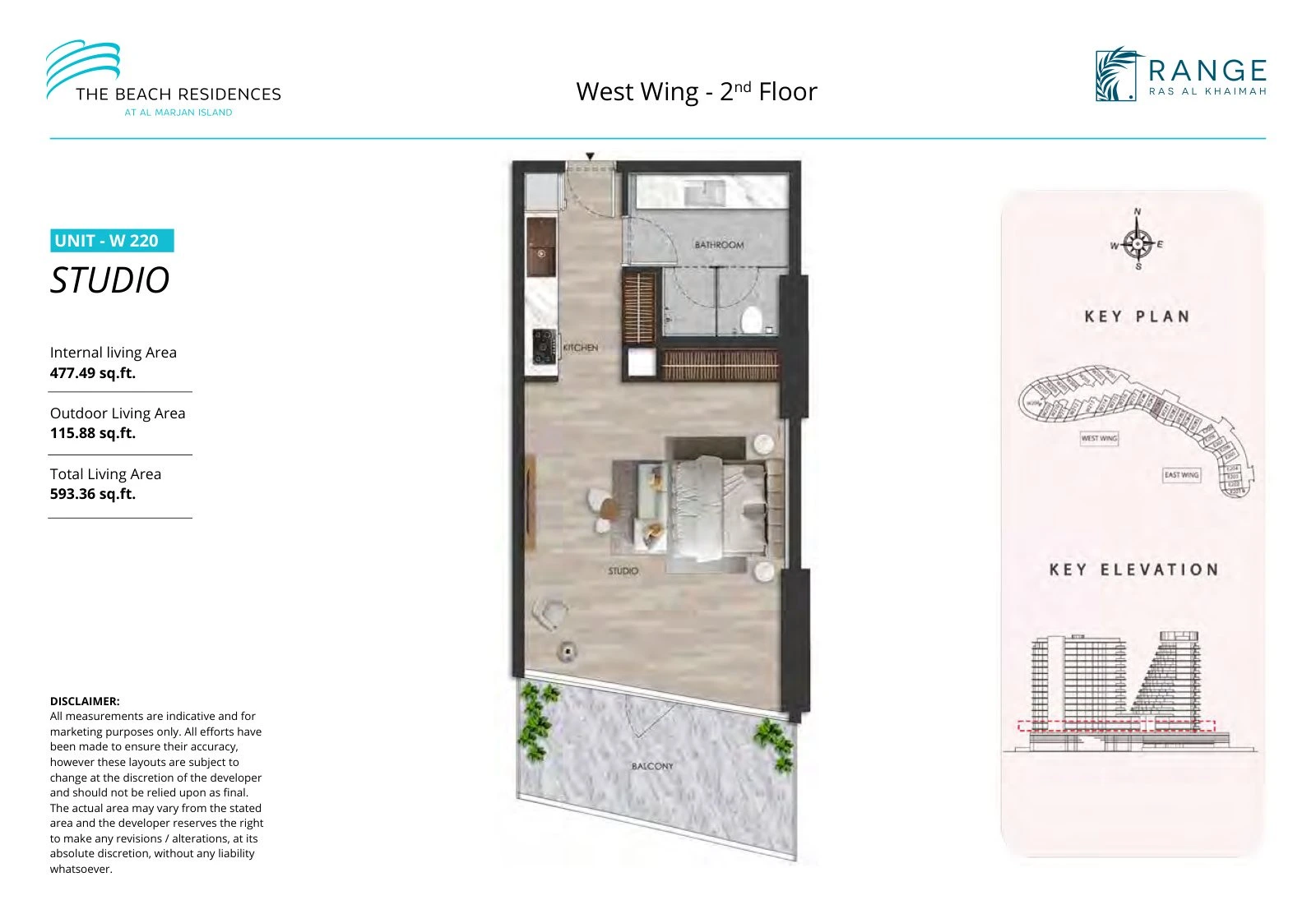 The Beach Residences studio apartment floor plan for West Wing W220, Floor 2, 593.36 sq ft
