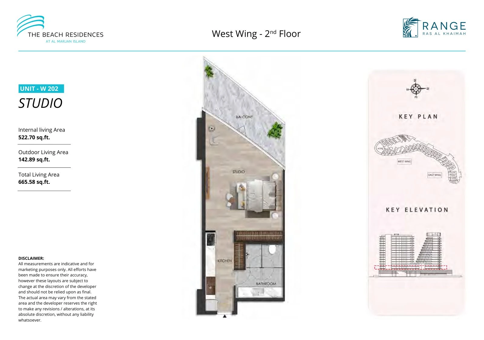 The Beach Residences studio apartment floor plan for West Wing W202, Floor 2, 665.58 sq ft