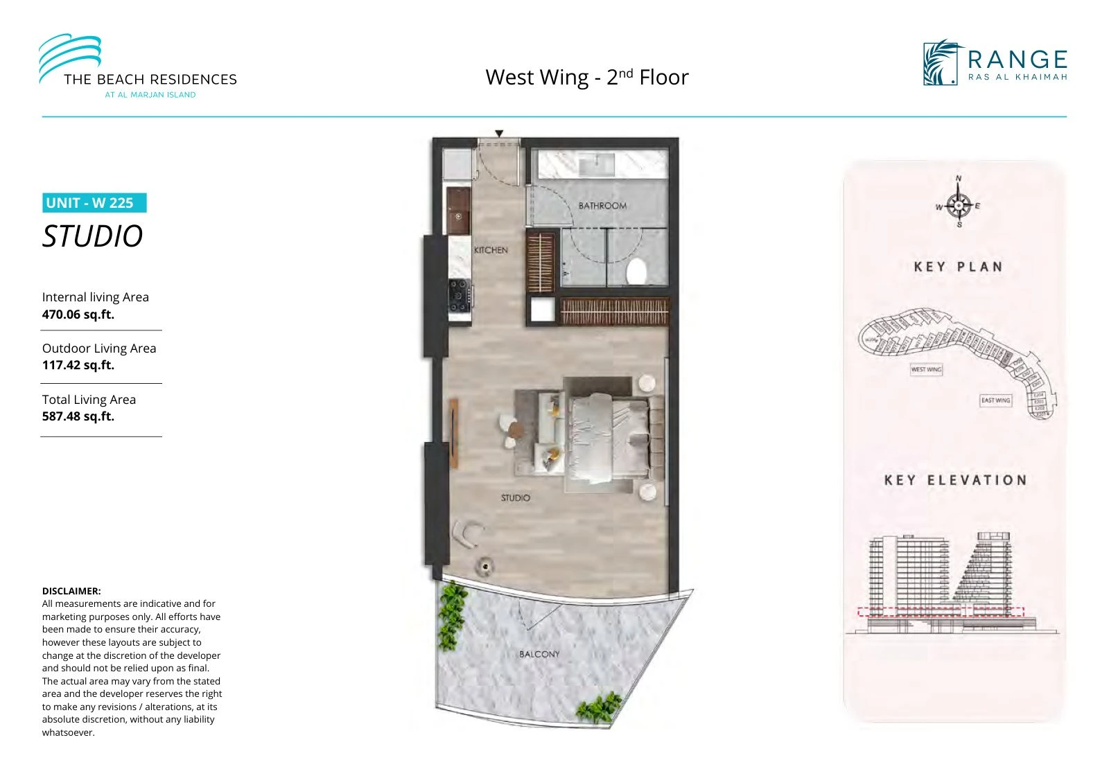 The Beach Residences studio apartment floor plan for West Wing W225, Floor 2, 587.48 sq ft